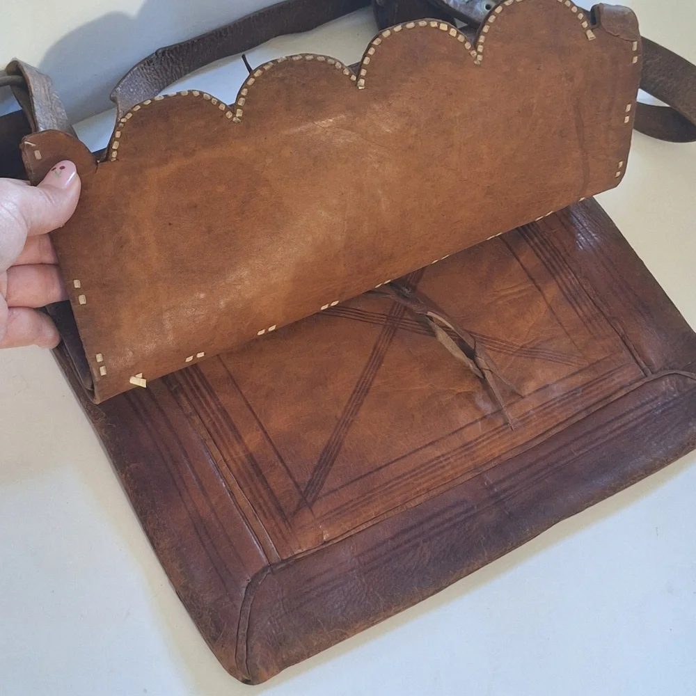 Antique Handmade Hide Leather Messenger Crossbody Bag Morrocan Style Embroidery
